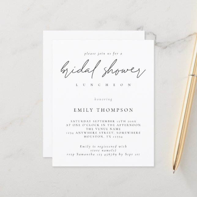 Papier Budget Moderne Script Bridal Douche Invitation (Devant/Arrière en situation)
