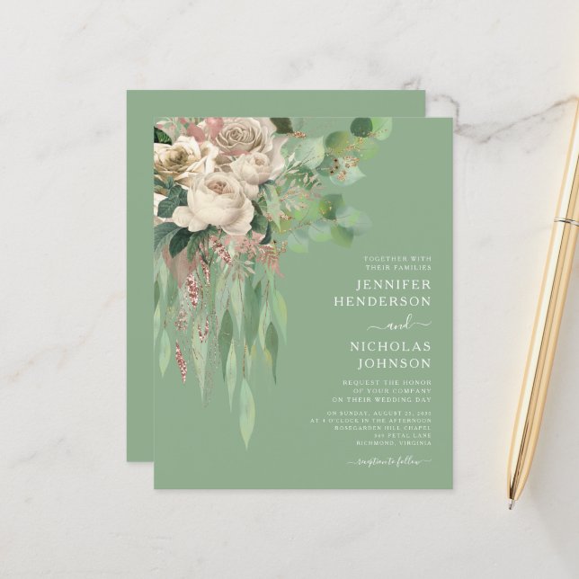 Papier Budget Moderne Vert Floral Roses Mariage Invitatia (Devant/Arrière en situation)