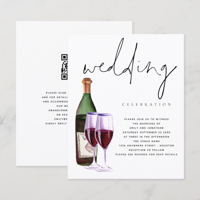 Papier Budget Moderne Vin Bouteille Verres Mariage Invita (Devant / Derrière)
