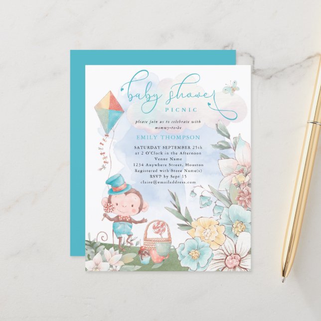 Papier Budget Monkey Boy Baby shower Pique-Nique Invitati (Devant/Arrière en situation)