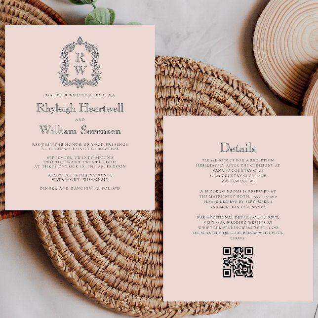 Papier Budget Monogramme Crest Blush QR Code Mariage Invi (Créateur téléchargé)