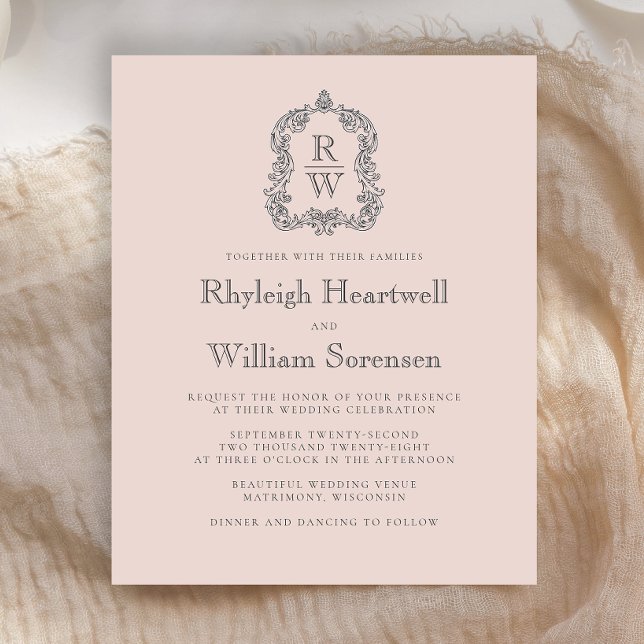 Papier Budget Monogramme Crest Blush Rose Wedding Invitat (Créateur téléchargé)