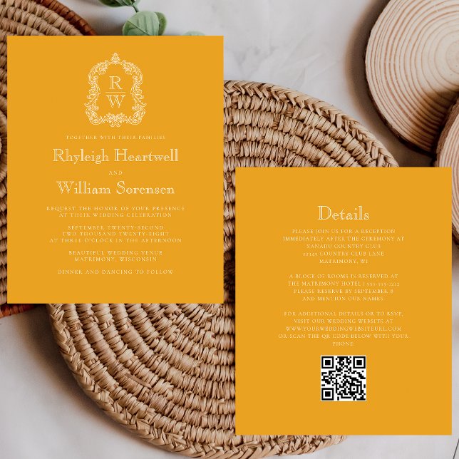 Papier Budget Monogramme Crest Marigold QR Code Mariage (Créateur téléchargé)