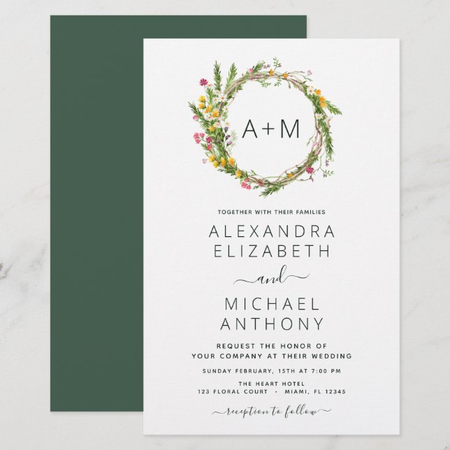 Papier Budget Monogramme Fleurs sauvages Emerald Green Ma (Devant / Derrière)