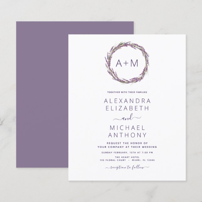 Papier Budget Monogramme Floral Dusty Purple Mariage (Devant / Derrière)