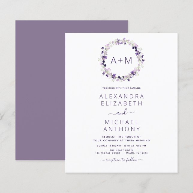 Papier Budget Monogramme Floral Dusty Purple Mariage (Devant / Derrière)