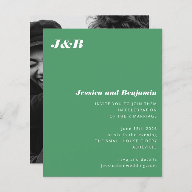 Papier Budget Monogramme Green Photo Faire-part de mariag (Devant / Derrière)