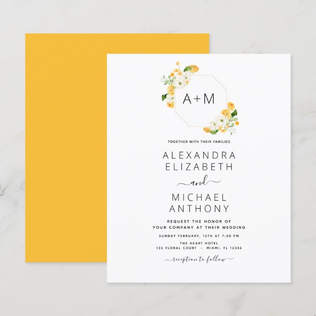 Papier Budget Monogramme Jaune Orange Mariage Floral (Devant / Derrière)