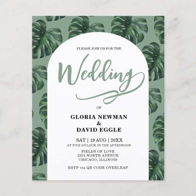 Papier Budget Monstera Leaves Wedding QR Code Invitation (Devant)