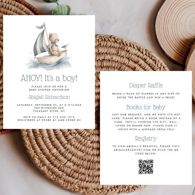 Papier Budget Nautical Teddy Bear QR Code Boy Baby Shower (Créateur téléchargé)