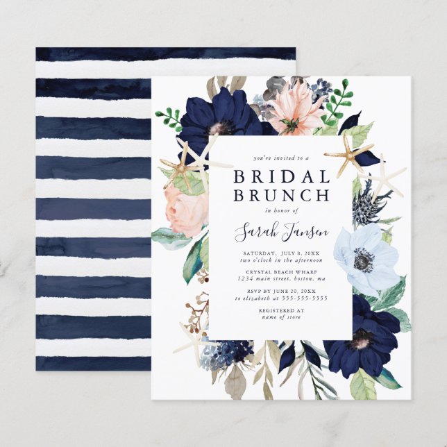 Papier Budget Nautique Bleu Floral Invitation Brunch (Devant / Derrière)