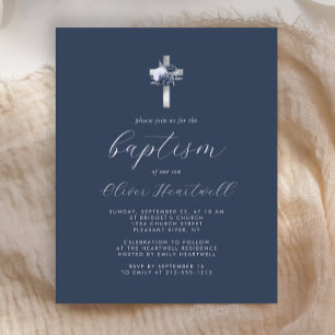 Papier Budget Navy Bleu Floral Argent Croix Garçons Baptê
