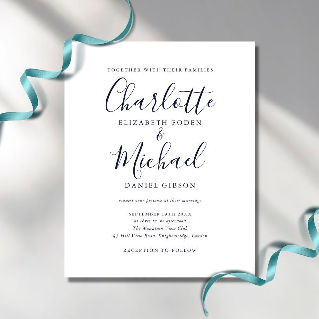 Papier Budget Navy Blue Chic Script Faire-part de mariage (Créateur téléchargé)
