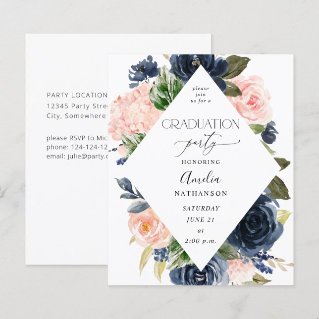 Papier Budget Navy Blue & Pink Floral Graduation Party (Devant / Derrière)