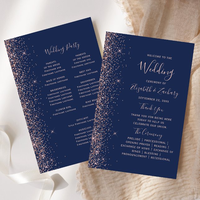 Papier Budget Navy Blue Rose Gold Glitter Wedding Program (Créateur téléchargé)