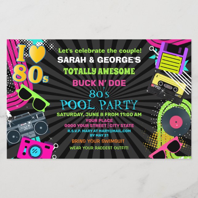 Papier Budget Neon Fun 80s Invitation de la fête du pool (Devant)