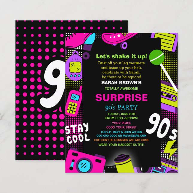 Papier Budget Neon Retro 90s Anniversaire Invitation de f (Devant / Derrière)