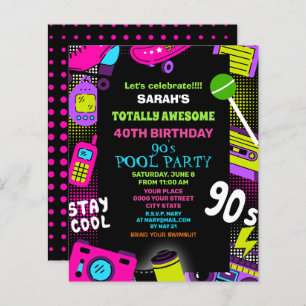 Papier Budget Neon Retro 90's Anniversaire Pool Invitatio