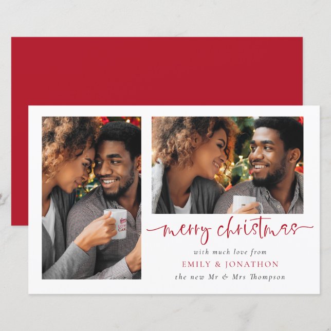 Papier Budget Newlyweds 2 Photos Joyeux Noël Card (Devant / Derrière)