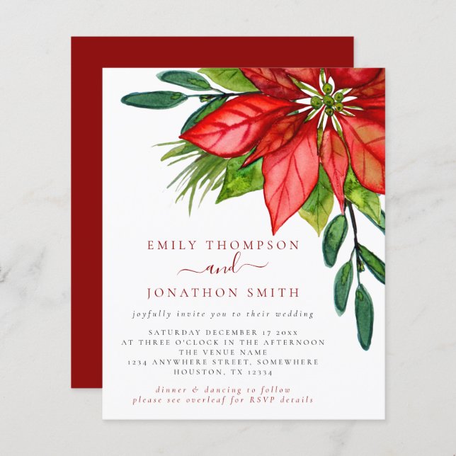 Papier Budget Noël QR Code Poinsettia Mariage Invitation (Devant / Derrière)