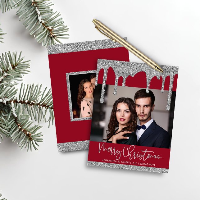 Papier Budget Noël Rouge argent Parties scintillant goutt (Budget Christmas Red Silver Glitter Drips Photo Holiday Card)