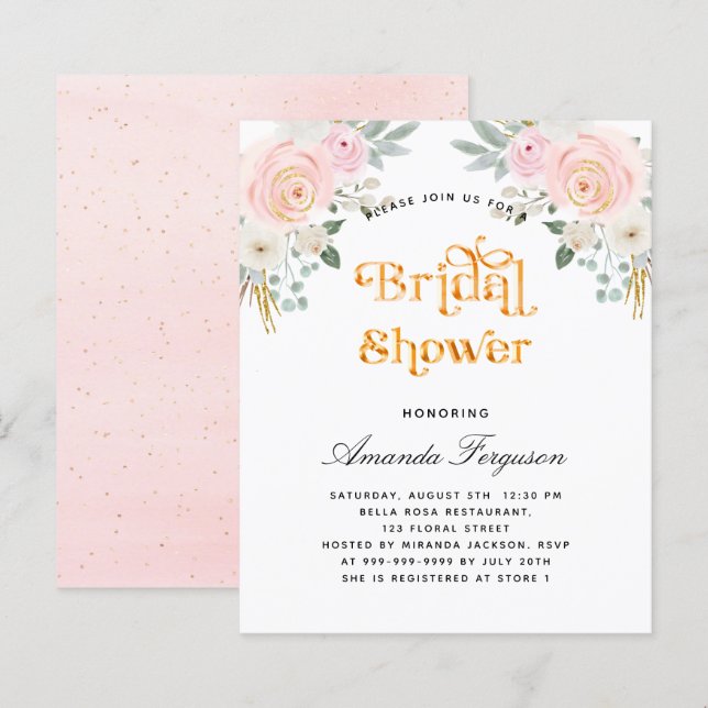 Papier Budget nuptiale douche rose pâle invitation floral (Devant / Derrière)