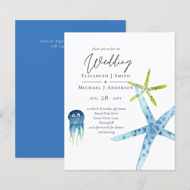 Papier Budget OCEAN Vie Invitation Starfish Moderne (Devant / Derrière)