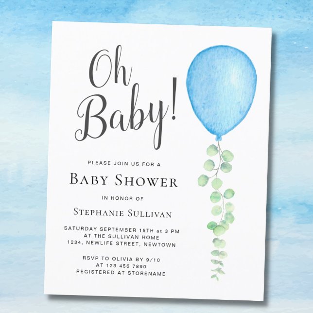 Papier Budget Oh Baby Blue Balloon Baby shower Invitation (Créateur téléchargé)