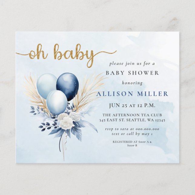 Papier Budget Oh Baby Blue Gold Boho Baby shower garçon (Devant)