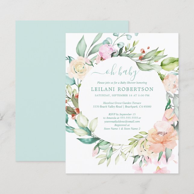 Papier Budget Oh Baby Floral Wreath Douche Invitation (Devant / Derrière)