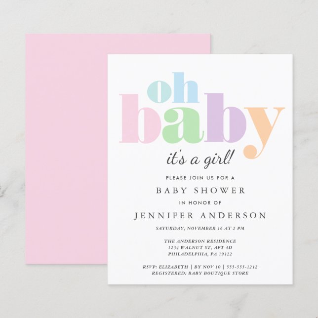 Papier Budget Oh Baby Pastel Baby Girl Douche Invitation (Devant / Derrière)