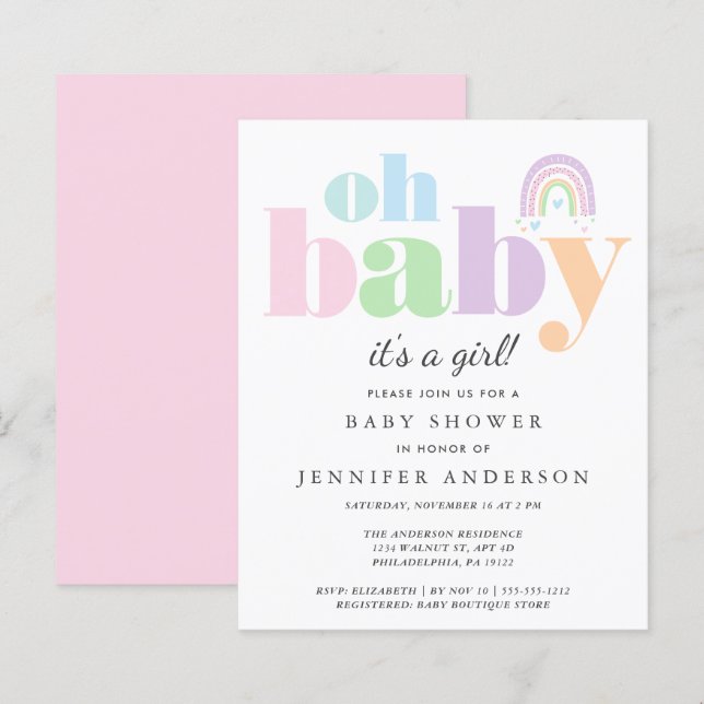Papier Budget Oh Baby Rainbow Baby Girl Shower Invitation (Devant / Derrière)