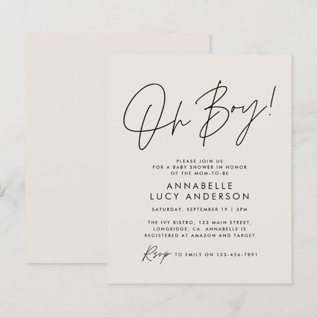 Papier budget oh Boy baby shower script crème neutre (Devant / Derrière)