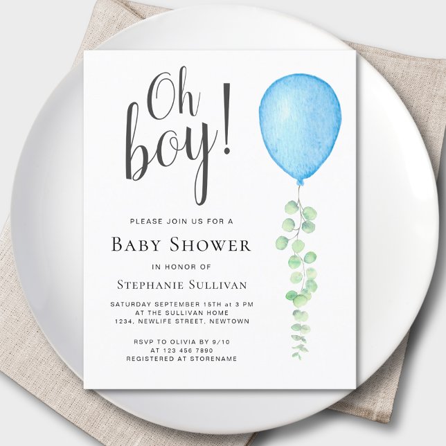 Papier Budget Oh Boy Blue Balloon Baby shower Invitation (Créateur téléchargé)