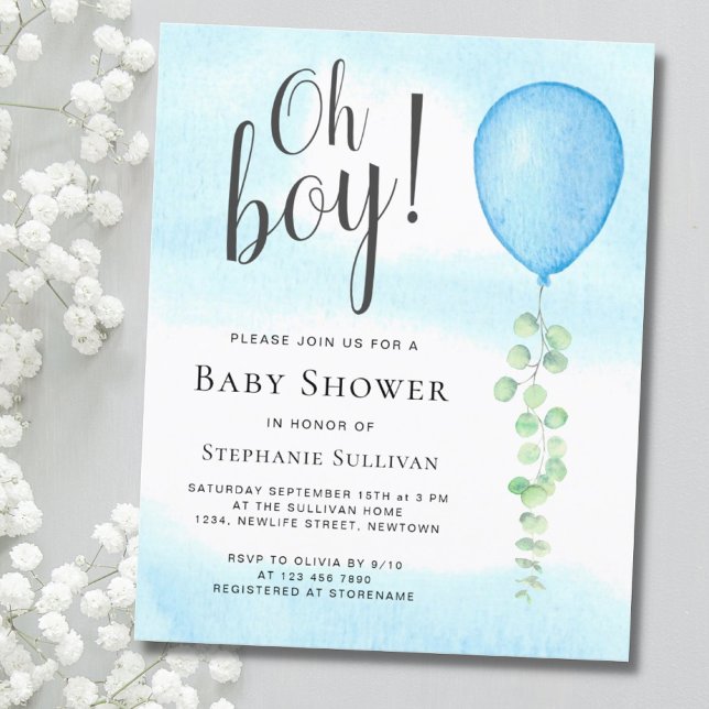Papier Budget Oh Boy Blue Balloon Baby shower Invitation (Créateur téléchargé)