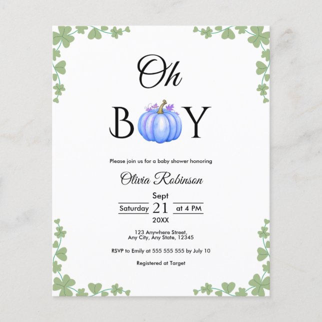 Papier Budget Oh Boy Citrouille Baby shower Automne Invit (Devant)
