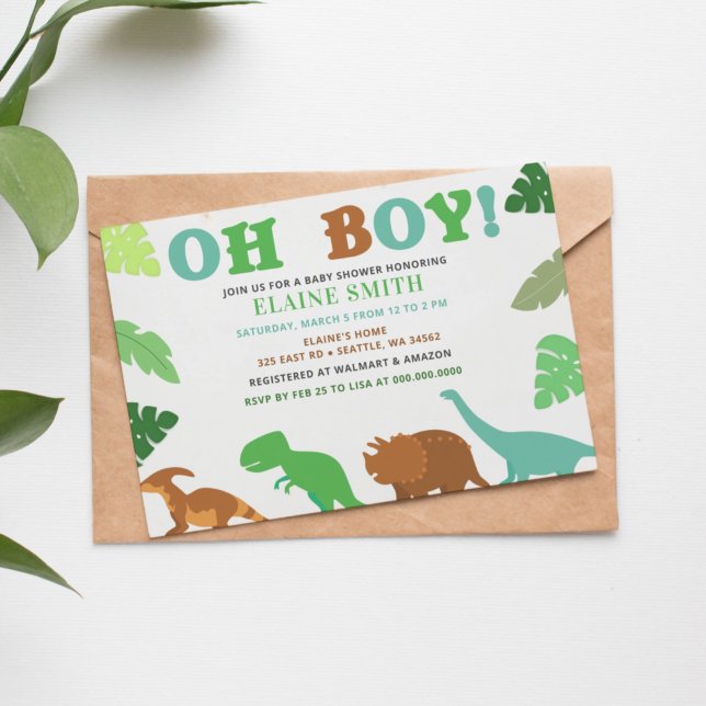 Papier Budget Oh Boy Cute Dinosaur Baby shower Invitation (Créateur téléchargé)