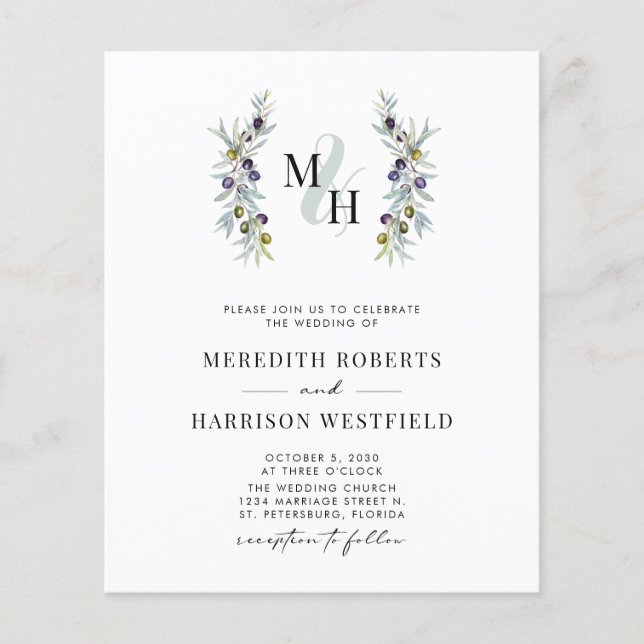 Papier Budget Olive Branch Monogram Mariage Invitation (Devant)