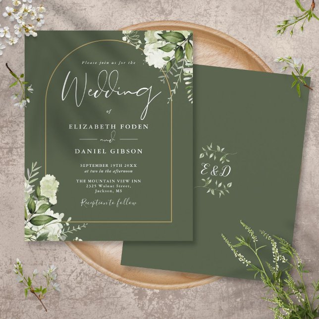 Papier Budget Olive Green Floral Gold Arch Mariage Invita (Budget Olive Green Floral Gold Arch Wedding Invite)