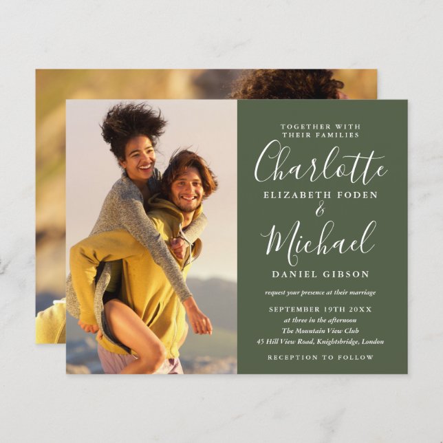 Papier Budget Olive Script Photos Faire-part de mariage (Devant / Derrière)