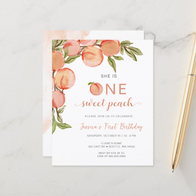 Papier Budget One Sweet Peach First Birthday Invitation (Devant/Arrière en situation)