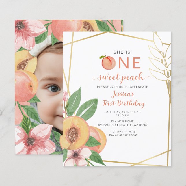 Papier Budget One Sweet Peach First Birthday photo Invite (Devant / Derrière)