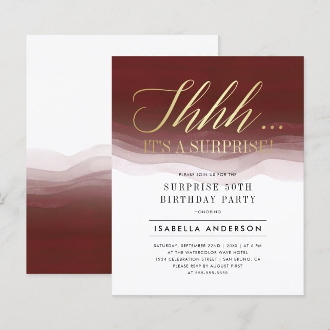 Papier Budget Or Bourgogne Aquarelle Surprise Anniversair (Devant / Derrière)