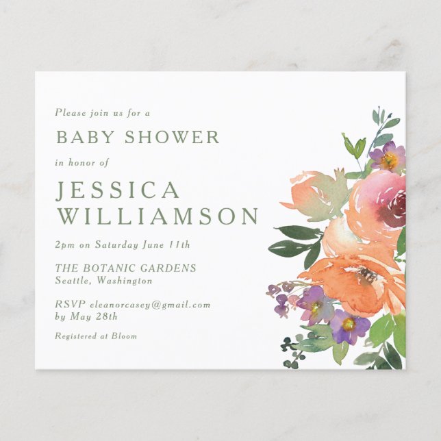 Papier Budget Orange Floral Art Baby shower Invitation (Devant)