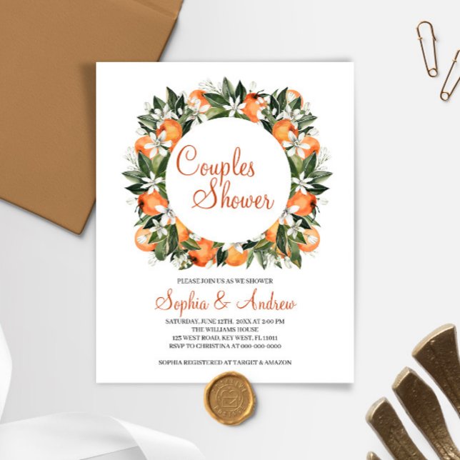 Papier Budget Orange Floral Couples Douche Invitation (Créateur téléchargé)