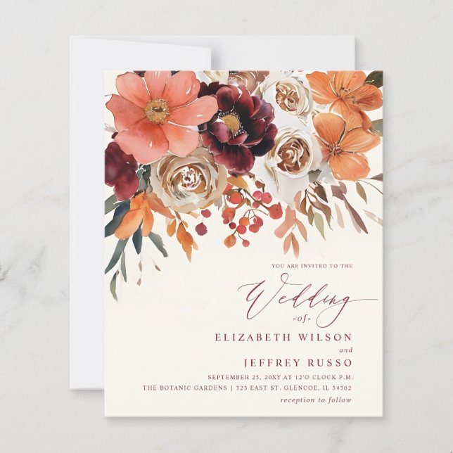 Papier Budget Orange Floral Fall Wedding Invitation (Devant)
