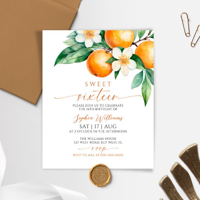 Papier Budget Orange Floral Sweet 16 Anniversaire Invitat (Créateur téléchargé)
