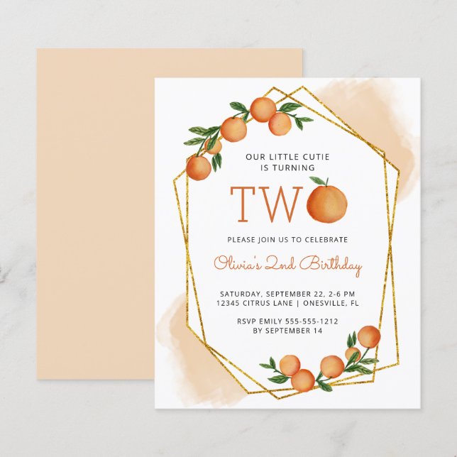 Papier Budget Orange Little Cutie Invitation 2e anniversa (Devant / Derrière)