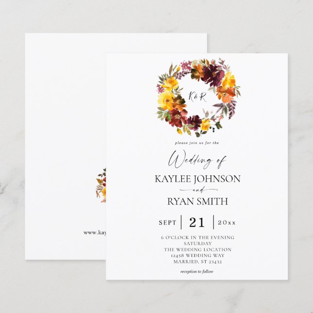 Papier Budget Orange & Or Jaune Chute 2 Mariage Floral (Devant / Derrière)