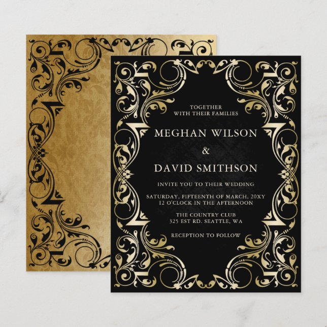 Papier Budget Ornamy Black Gold Faire-part de mariage (Devant / Derrière)